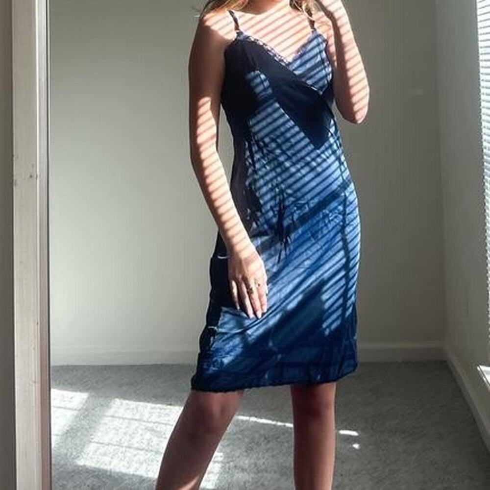 vintage navy blue midi slip dress with lace trim
